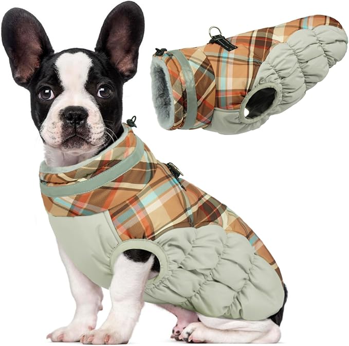 Lelepet Warm Dog Winter Coat Dog Coats for Small Dogs Waterproof Dogs Jacket with Harness Built in Reflective Cold Weather Coats Windproof Zip-Up Winter Fleece Vest Snowsuit Yorkie Brown Plaid S
