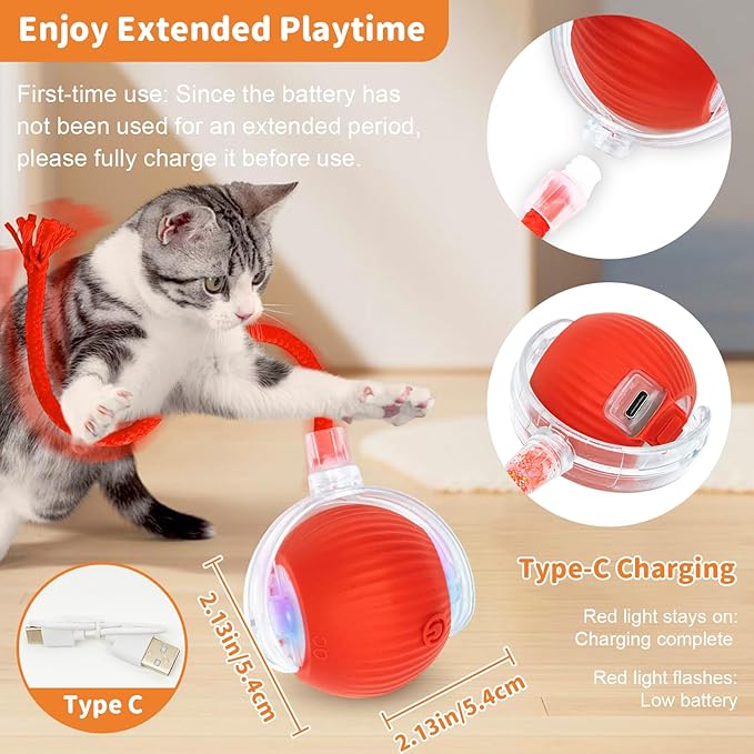 MAXTOOA Interactive Cat Toys for Indoor Cats Smart Automatic Ball Rolling for Bored Kitten Pet Upgraded Speedy Moving Chase Dogs Toy Red