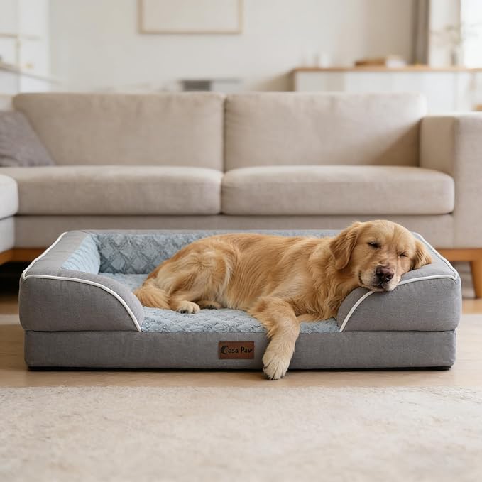 Casa Paw Orthopedic XL Dog Beds, Waterproof Memory Foam Big Bolster Pet Bed for Extra Large Sized Dogs 45x35Inch, Non-Slip Bottom and Egg-Crate Foam Dog Couch Bed with Washable Removable Cover, Grey