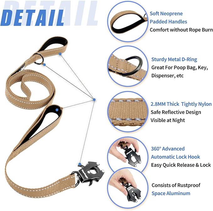Strong Heavy Duty Dog Leash - 5ft Reflective Nylon Training Leash with Soft Padded Double Handle & Auto Lock Frog Clip - Safety Traffic Control for Large Medium Small Dogs No Pull Walk Khaki,4ft