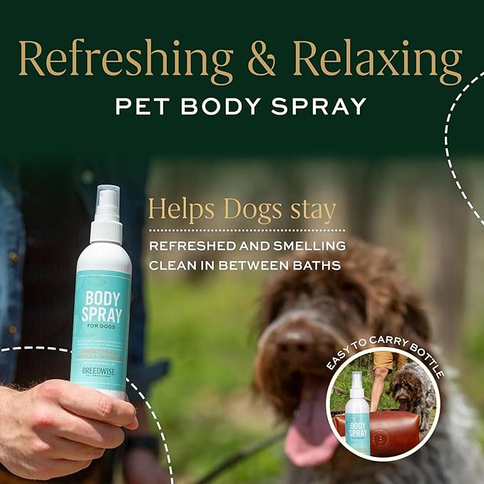 Dog Deodorizing Spray | Odor-Neutralizing Freshening Body Mist with Sweet Pea & Vanilla | Safe for Daily Use | 8oz Bottle - Made in USA - Breedwise