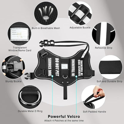 Service Dog Vest Harness and Leash Set+10 Patches,No Pull&Easy Walk Reflective Dog Harness with Soft Padded Handle for Training/Everyday,Fit Small/Medium/Large/Extra-Large Dogs(Black XL)