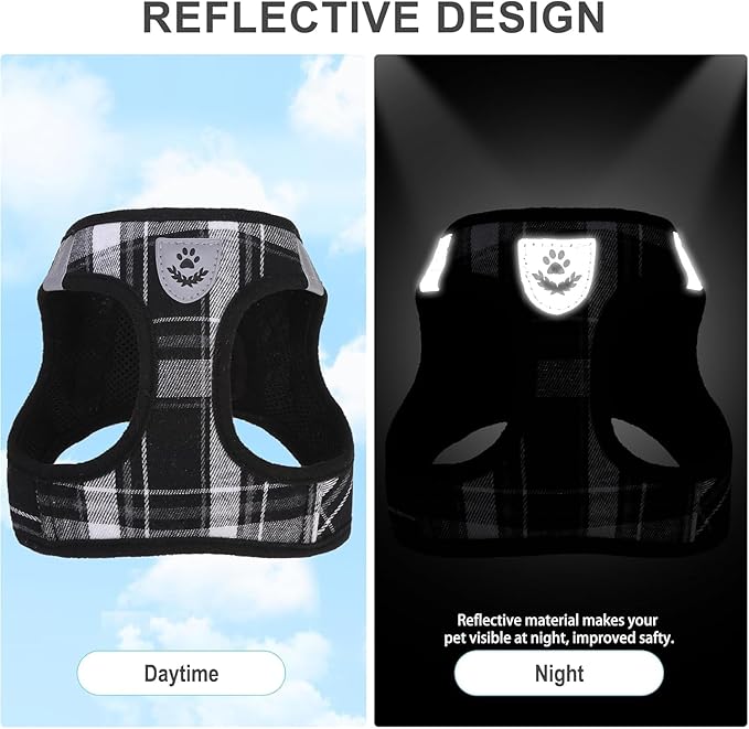 EXPAWLORER Classic Plaid Puppy Harness - Dog Collar and Leash - Soft Mesh Padded Adjustable Step in Small Dog Vest Harness No Pull, Reflective Escape Proof for Outdoor Walking, Black XS