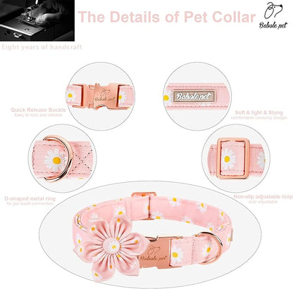 Daisy Dog Collar with Flower Bow Tie, Elegant Spring Flower Bowtie Dog Collar, Durable Adjustable Cotton Pet Collar for Small Medium Large Dogs XL