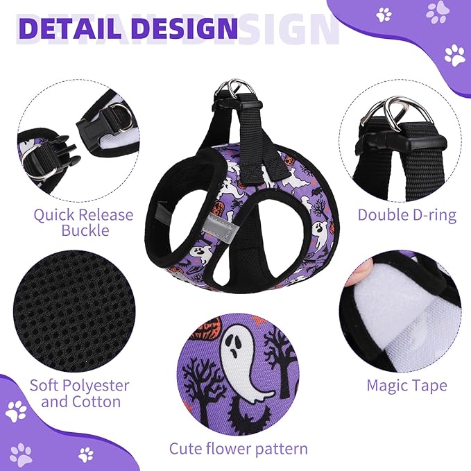 KOOLTAIL Halloween Dog Harness and Leash Set for Small Medium Dogs, Step in No Pull Soft Mesh Harness Comfort Padded Pet Vest, Adjustable Reflective Easy Walking Puppy Cats Harness Training, Ghost S