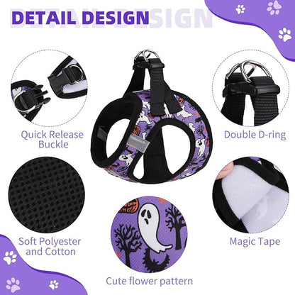 KOOLTAIL Halloween Dog Harness and Leash Set for Small Medium Dogs, Step in No Pull Soft Mesh Harness Comfort Padded Pet Vest, Adjustable Reflective Easy Walking Puppy Cats Harness Training, Ghost S