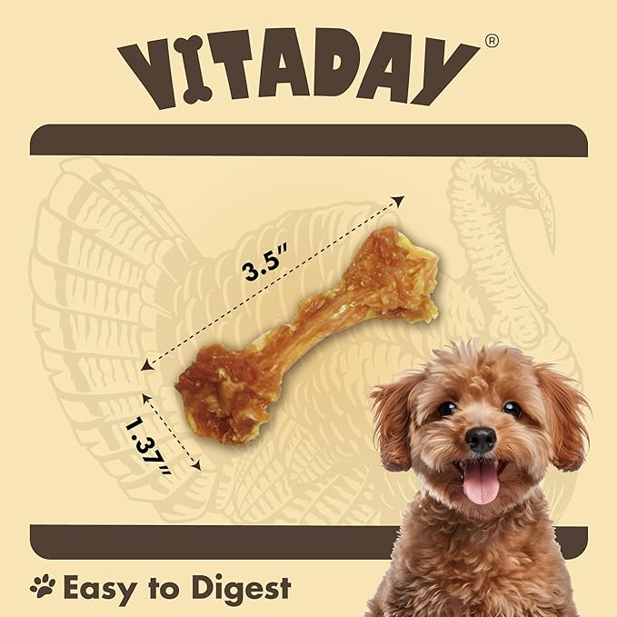 VITADAY Turkey Tendons for Dogs, All Natural, Healthy Dog Treats, Long Lasting, Hypoallergenic Dog Chews, Rawhide Free, USA-Sourced, for Small Dogs, Bone (S), 4 Count Pack