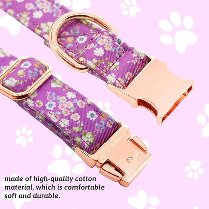 Dog Collar and Leash Set Girls Adjustable Puppy Collars with Floral Bow Tie for Small Medium Large Female Dogs, Purple, M