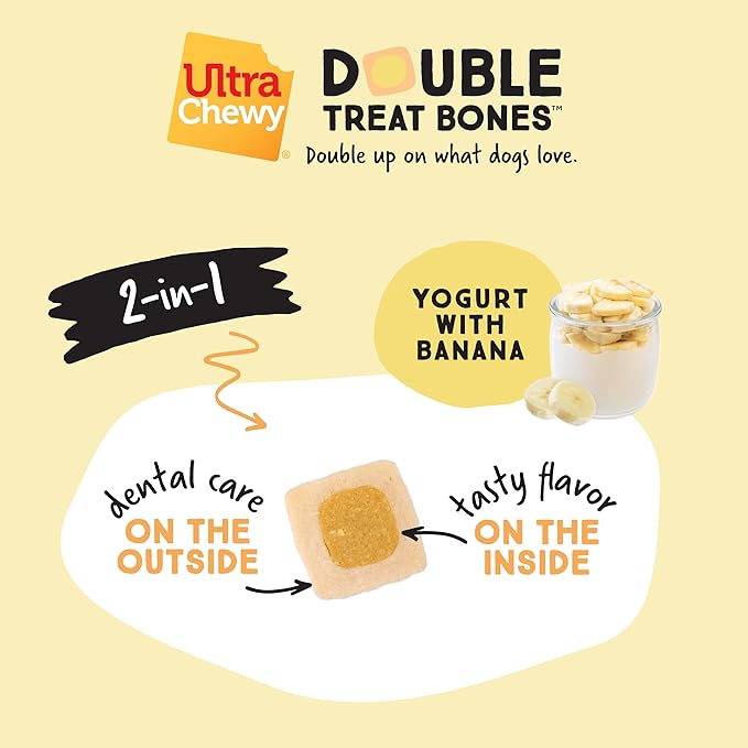 Ultra Chewy 3 Flavor Yogurt Double Treat Bones: Strawberry, Blueberry and Banana, Long-Lasting Dog Treats Made in USA for Large and Small Breeds, Highly Digestible (12 Count)