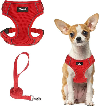 PUPTECK Small Dog Harness and Leash Set, No Pull Adjustable Puppy Cat Harness, Reflective Soft Mesh Pet Vest Small Sized, Red, XS
