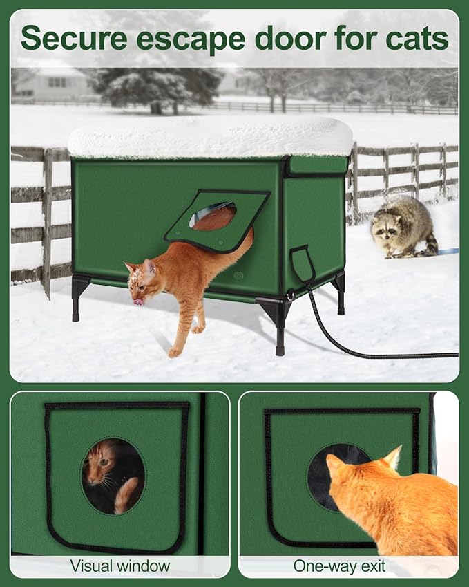 Heated Cat House for Outdoor Cats, Waterproof Insulated Outdoor Cat House with Heating Pad, Weatherproof Elevated Heated Cats House for Outside Feral Cats (Green, 29" L x 17" W x 20" H)