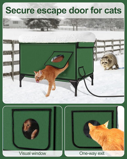 Heated Cat House for Outdoor Cats, Waterproof Insulated Outdoor Cat House with Heating Pad, Weatherproof Elevated Heated Cats House for Outside Feral Cats (Green, 29" L x 17" W x 20" H)