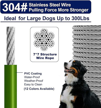 Tie Out Cable for Dogs Up to 300lbs,50ft Extra Strong 1000lbs Break Strength Tie-Out Tether Trolley Training Lead,Dog Run Cable for Yard Garden Park Camping Outside (Green, 300lbs 50ft)