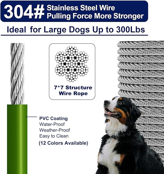 Tie Out Cable for Dogs Up to 300lbs,25ft Extra Strong 1000lbs Break Strength Tie-Out Tether Trolley Training Lead,Dog Run Cable for Yard Garden Park Camping Outside (Green, 300lbs 25ft)