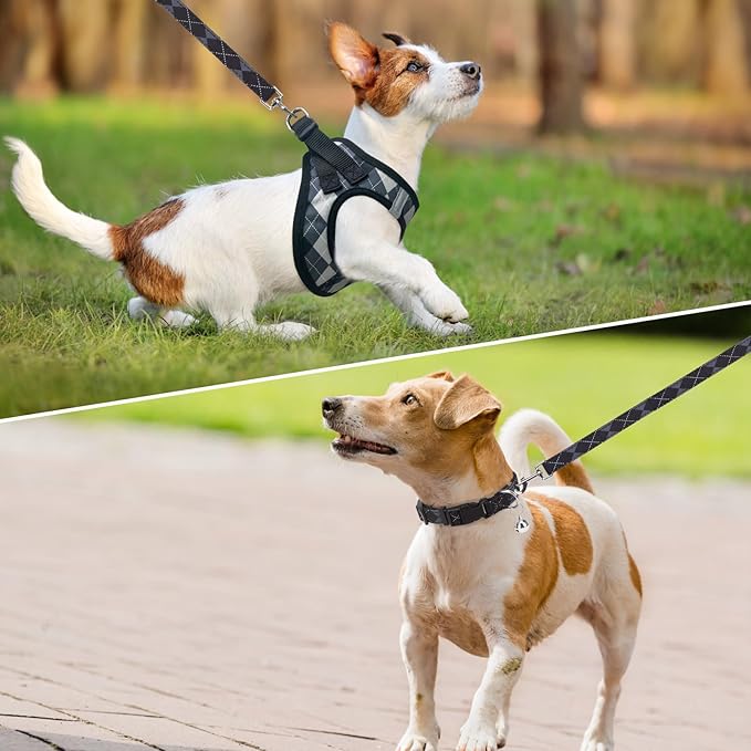 SCENEREAL Small Dog Harness and Leash Collar Set, Step in No Pull Soft Mesh Dog Harnesses for Small Medium Sized Dogs Puppy and Cats Outdoor Walking, No Chock Reflective Vest Harness, Black Plaid XS