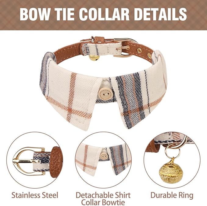 KOOLTAIL Small Dog Collar and Leash Set with Bowtie and Bells - Cute Shirt Style Puppy Bandana Collar and Leash for Male with Classic Plaid Pattern,Soft Leather Leashes for Small Dogs Boys Girls,Beige