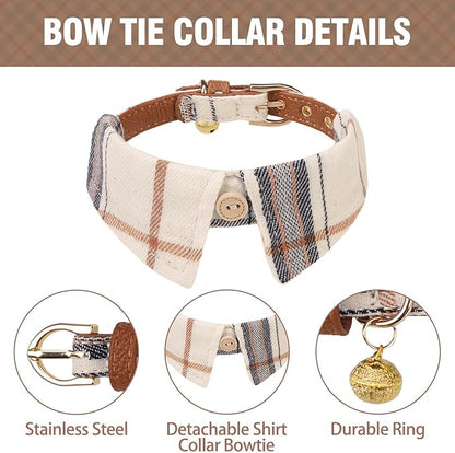 KOOLTAIL Small Dog Collar and Leash Set with Bowtie and Bells - Cute Shirt Style Puppy Bandana Collar and Leash for Male with Classic Plaid Pattern,Soft Leather Leashes for Small Dogs Boys Girls,Beige