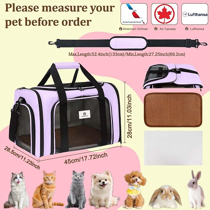 DSDCDJ Cat Carrier Dog Carrier - Soft-Sided Cat Carrier with Plush Pad & Cooling Mat, Easy-Load 4-Side Zipper & 3-Side Mesh Ventilation, Pet Carrier Airline Approved for Cats/Dogs Up to 20 lbs, Purple