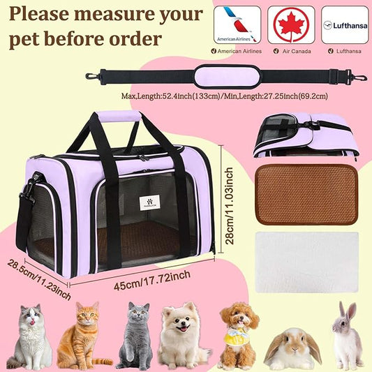 DSDCDJ Cat Carrier Dog Carrier - Soft-Sided Cat Carrier with Plush Pad & Cooling Mat, Easy-Load 4-Side Zipper & 3-Side Mesh Ventilation, Pet Carrier Airline Approved for Cats/Dogs Up to 20 lbs, Purple