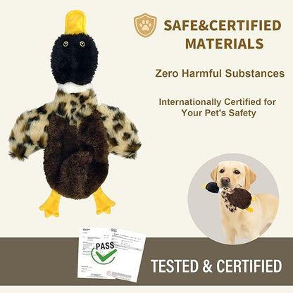 Calibonbon Duck Dog Squeaky Toy for Aggressive Chewers - No Stuffing Durable Plush with 4 Squeakers & Crinkle Wings, Chew Proof Puppy Toys for Small Medium Large Dogs (Black & Brown)