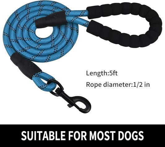 Panykoo 5/6 FT Strong Pet Dog Leash with Soft Padded Handle,Highly Reflective Rope for Night Walking,360-Degree Rotating Metal Buckle Without Tangles,Suitable for Small,Medium and Large Dogs.(5ft)
