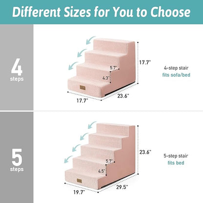 COZY KISS Dog Stairs for Small Dogs 5-Step, 19.7" Extra Wide Right-Angle Pet Stairs for Couch and Beds, Anti-Slip Dog Steps for Old Cats and Lowrider, 19.7x29.5x23.6 inch, Pink