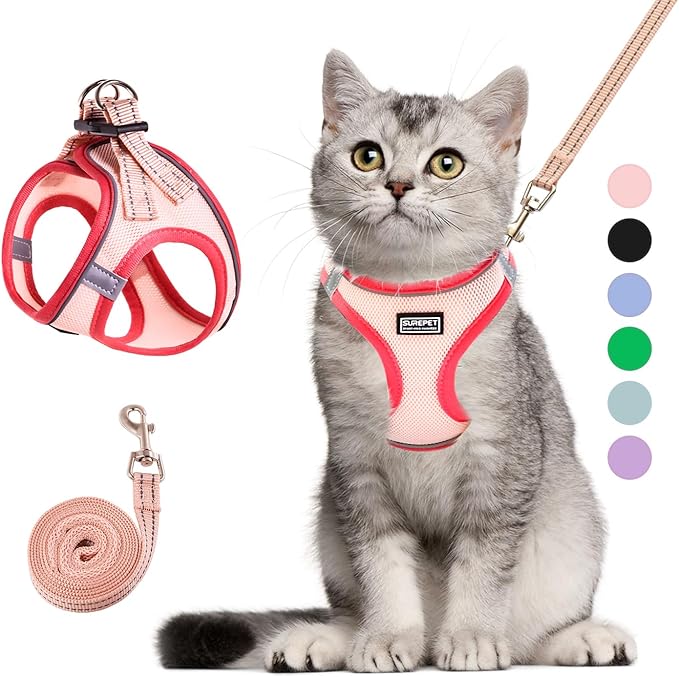 Betmaypet Cat Harness and Leash Set, Soft and Breathable Vest with Reflective Strip, Escape Proof Kitten Harness, Easy to Wear for Cats Walking and Traveling (Pink, M)