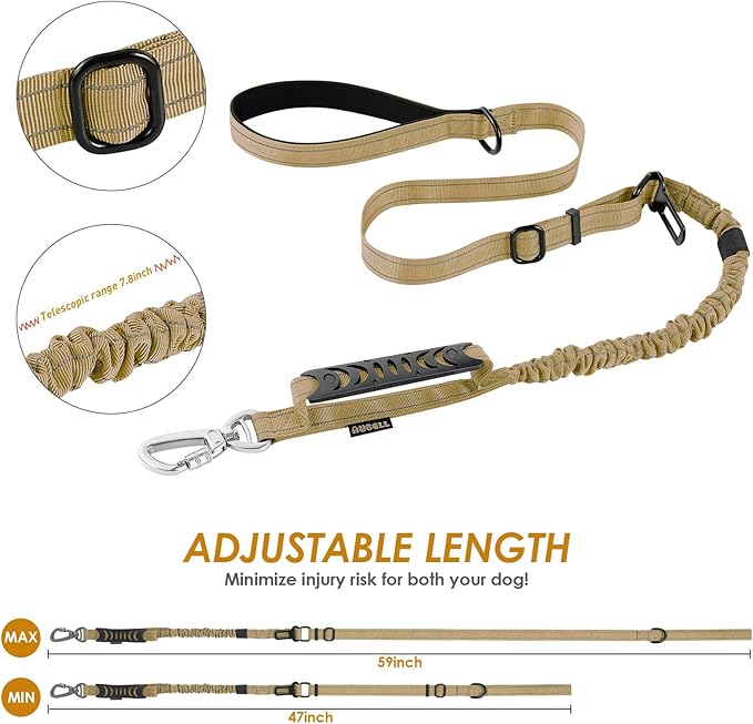 AUBELL Tactical Dog Leash Heavy Duty,4-6ft Reflective Strong No Pull Bungee Leash for Small Dogs with Comfortable Padded Double Handle,Car Seat Belt,360 Degree Rotating Carabiner,Brown