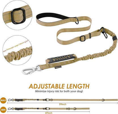 AUBELL Tactical Dog Leash Heavy Duty,4-6ft Reflective Strong No Pull Bungee Leash for Small Dogs with Comfortable Padded Double Handle,Car Seat Belt,360 Degree Rotating Carabiner,Brown