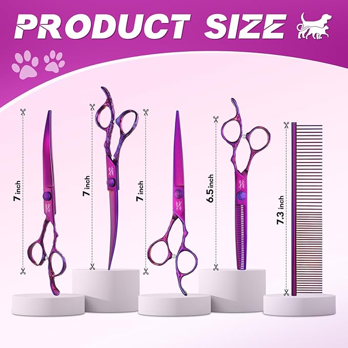 JASON Dog Grooming Scissors Set - Professional 6 in 1 Dog Shears Kit - 6.5" Thinning, 7" Straight, 7" Up-Curved, 7" Down-curved Scissors and Comb for Dog Cat Pet with Adjustable Screw (Purple) Gift