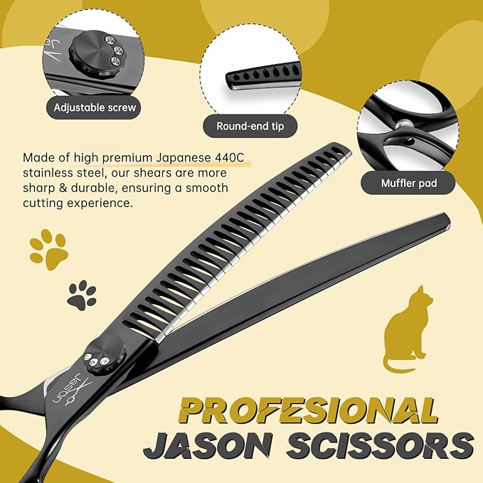 JASON 7" Curved Chunker Dog Scissors - Ergonomic Pet Scissors Black Curved Dog Shears 440C Stainless Steel Grooming Shears Professional Pet Shears For Groomer (28-Teeth, Down-curved) Christmas Gift