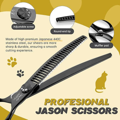 JASON 7" Curved Chunker Dog Scissors - Ergonomic Pet Scissors Black Curved Dog Shears 440C Stainless Steel Grooming Shears Professional Pet Shears For Groomer (28-Teeth, Down-curved) Christmas Gift