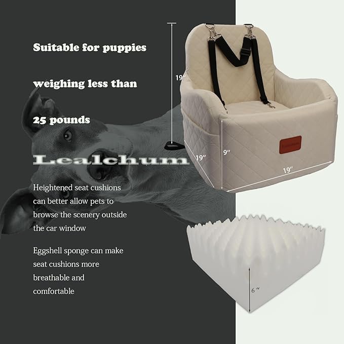 Lealchum Dog Booster Car Seat,Ultra Soft Fabric & Filling Memory Foam,Elevated Cushion,3 Straps & Safety Belt Channel,Anti-Slip Base,Fully Detachable and Washable(Beige,Medium)