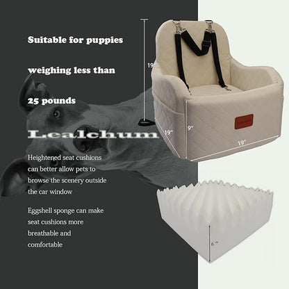 Lealchum Dog Booster Car Seat,Ultra Soft Fabric & Filling Memory Foam,Elevated Cushion,3 Straps & Safety Belt Channel,Anti-Slip Base,Fully Detachable and Washable(Beige,Medium)