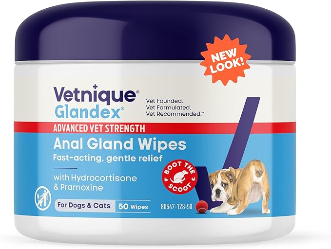 Vetnique Glandex Medicated Dog Butt Wipes or Spray for Dog Scooting - Topical Anti Itch Skin Relief for Soothing Inflamed Anal Glands in Dogs & Cats - Fast Acting Formula 50ct (50ct Wipes)