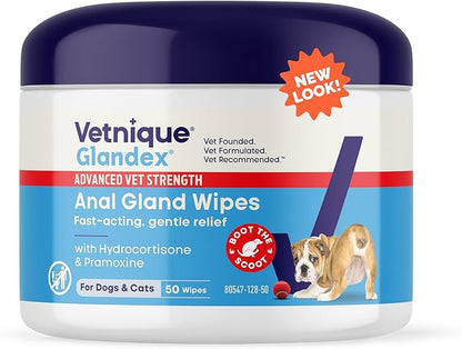 Vetnique Glandex Medicated Dog Butt Wipes or Spray for Dog Scooting - Topical Anti Itch Skin Relief for Soothing Inflamed Anal Glands in Dogs & Cats - Fast Acting Formula 50ct (50ct Wipes)