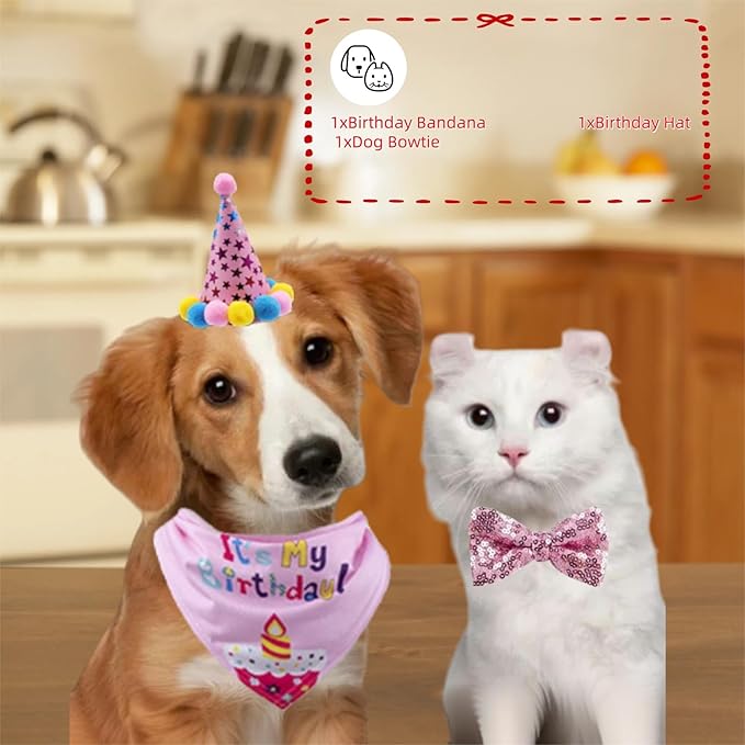 Pet Birthday Party Set with Hat and Bandana for Dogs and Cats with Star Pattern Design, Adjustable Sequin Bow tie Accessories, Pink Birthday Girl Scarf (Pink)