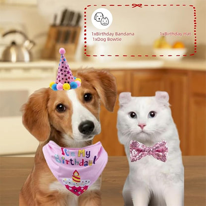Pet Birthday Party Set with Hat and Bandana for Dogs and Cats with Star Pattern Design, Adjustable Sequin Bow tie Accessories, Pink Birthday Girl Scarf (Pink)