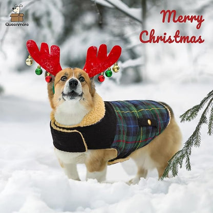 Queenmore Dog Winter Coat Warm Dog Jacket for Cold Weather, Quilting Puffer Plaid Coats for Small/Medium Dogs Waterproof,Girl/Boy Pet Christmas Coat,Pet Snowsuit with Leash Hole/Fleece Padding, L
