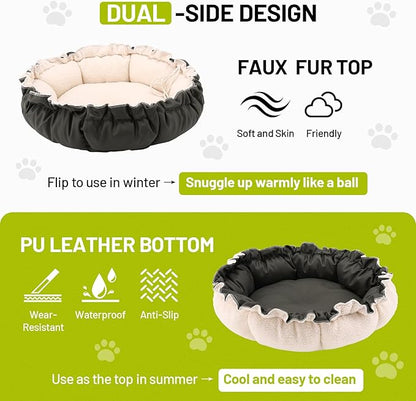 20.8Inch Cat Bed for Indoor Cats, 2-Sided Reversible Pet Bed, Adjustable Drawstring Kitten Bed, Small Dog Beds and Furniture for Puppy, Kitty, with Black Water-Resistant Anti-Slip Bottom