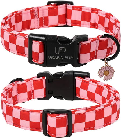 UP URARA PUP Red and Pink Plaid Dog Collarwith Bow Tie– Adjustable Red & Pink Checkered Dog Collar for Small Medium Large Dogs, Soft Xmas Plaid Puppy Collars with Quick Release Buckle S