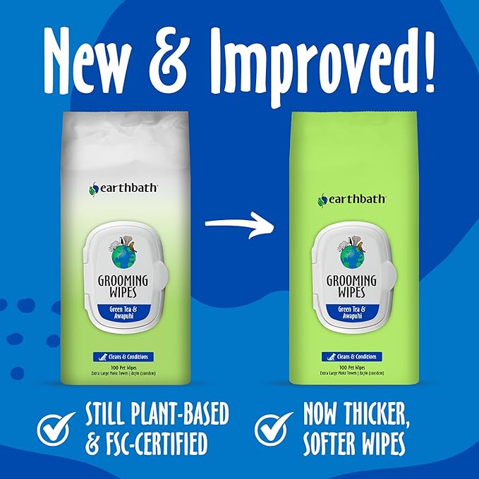 earthbath, Green Tea & Awapuhi Grooming Wipes - Dog Wipes for Paws and Butt, Best Pet Wipes for Dogs & Cats, Made in USA, Cruelty-Free Dog Cleaning Wipes, Removes Dirt & Dander - 100 Count (1 Pack)
