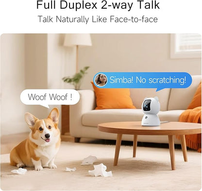 CINMOORE 2.5K Pet/Dog Camera with Speaker/Phone App, No-Monthly-Fee AI Person/Pet/Cry Detection Security Camera Indoor, PTZ 2.4GHz WiFi Baby Monitor Cameras for Home Security, Night Vision, 2-Way Talk