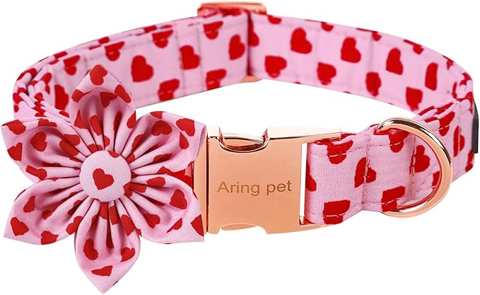 ARING PET Valentine's Day Dog Collar-Adorable Pink Heart Dog Collar with Flower, Adjustable Cotton Girl Dog Collars with Metal Buckle