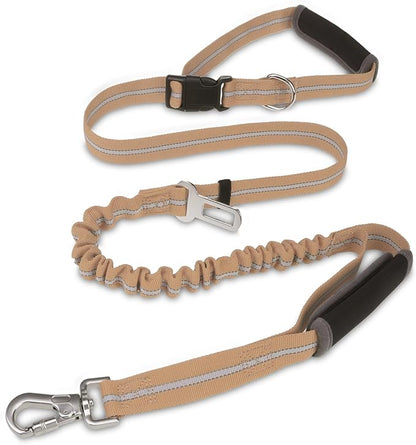 PUPTECK Heavy Duty Bungee Dog Leash for Medium Large Dogs, No Pull Tactical Dog Leashes with Double Handles for Training, Reflective Dog Leash with Car Seatbelt and Quick Release Buckle, Moccasin