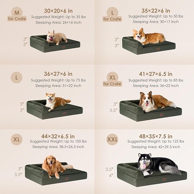 EHEYCIGA Memory Foam Dog Bed Large Size Dogs, Orthopedic Dog Bed Large with Washable Removable Cover, Waterproof Pet Sofa Couch with Nonskid Bottom, 36x27x6, Dark Green