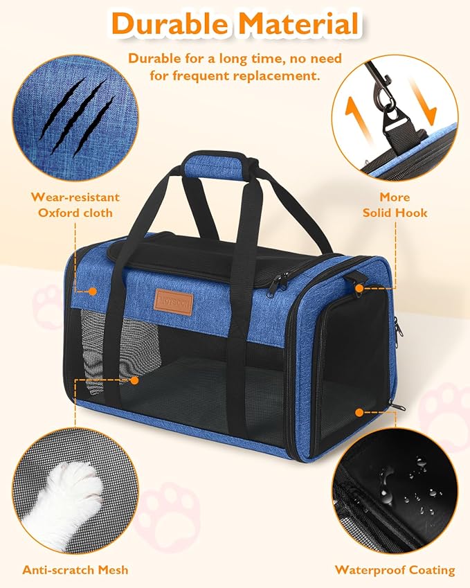PETUX Airline Approved Pet Carrier - 17x11x9.5 in, Underseat, Top & Side Entry, Soft Sided Cat Dog Carrier for Small Cat & Dog Up to 12 lbs with Breathable Anti-Scratch Mesh for Travel & Vet - Blue
