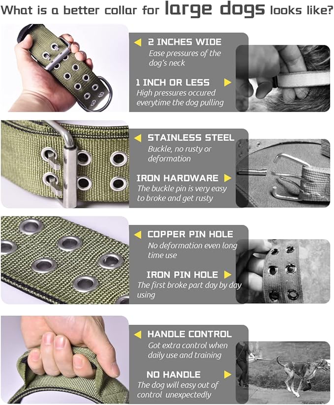 Large Dog Collar Heavy Duty- 2 inches Wide Tactical Dog Collar with Handle for Gaint Dogs, Extra Strong Nylon with Stainless Hardware, Military Green 19-23.5 in