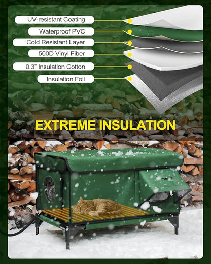 Heated Cat House for Outside,Dual Camera Mounts,100% Weatherproof & Extremely Insulated,Elevated Feral Cat Shelter with Escape Door,Waterproof Eaves for Outdoor Stray Barn Cat(Army Green,M)