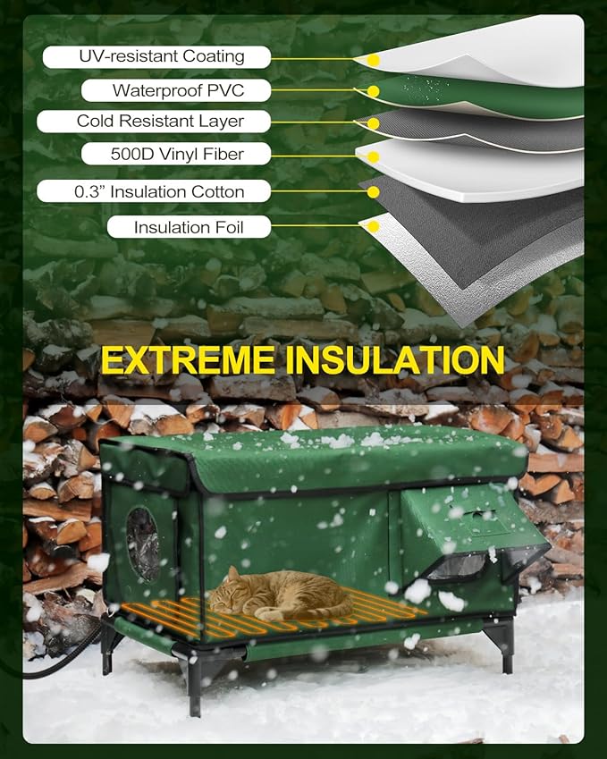 Heated Cat House for Outside,Dual Camera Mounts,100% Weatherproof & Extremely Insulated,Elevated Feral Cat Shelter with Escape Door,Waterproof Eaves for Outdoor Stray Barn Cat(Army Green,L)